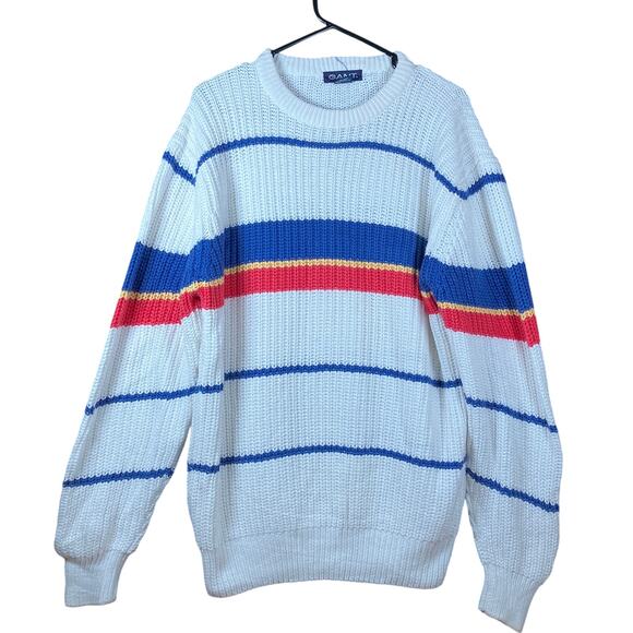 Vintage Gant Mens Sweater White Colorblock Striped Pullover Knit 100% Cotton L - Picture 1 of 11